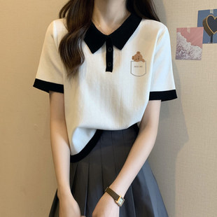 夏季 2025新款 高级修身 白色polo衫 翻领半袖 t恤女装 短款 上衣 领短袖