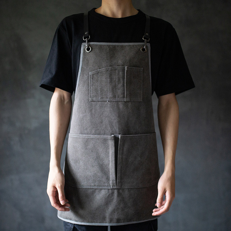 鹿造日式双肩咖啡馆美甲店理发师画室帆布围裙工作服男女定制logo