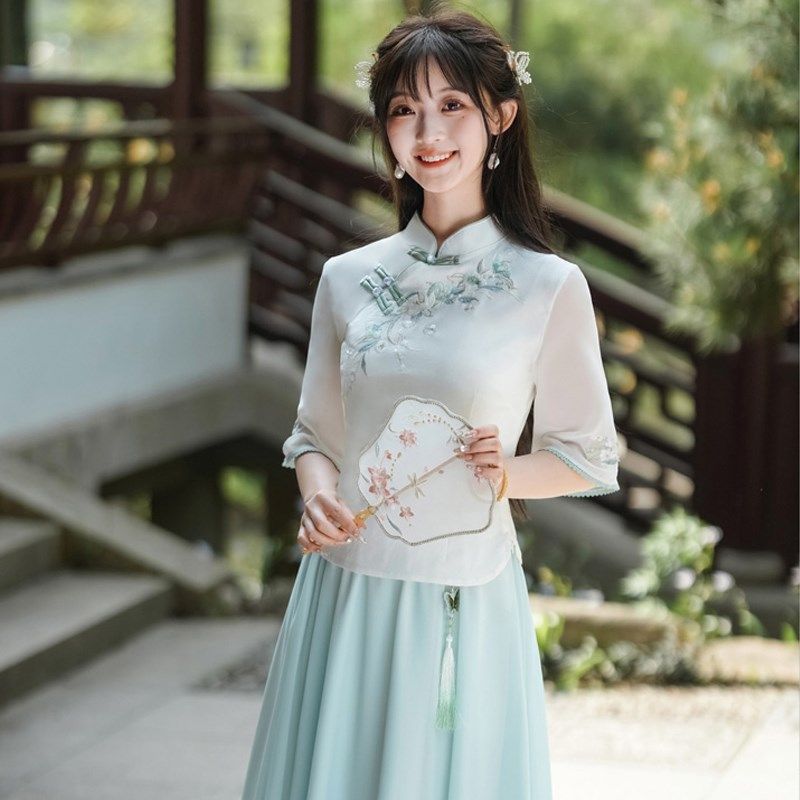 新中式民国风日常汉服套装少女学生改良旗袍上衣雪纺半身裙茶艺服
