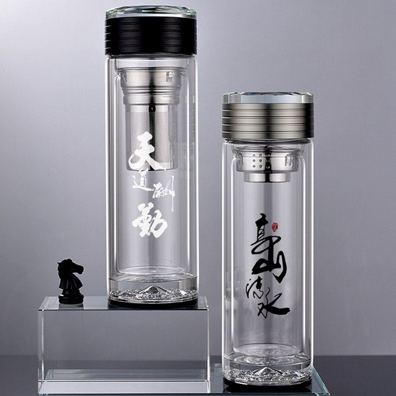 斌轩双层玻璃杯水晶便携加厚隔热办公泡茶水杯子定制刻字印字创意