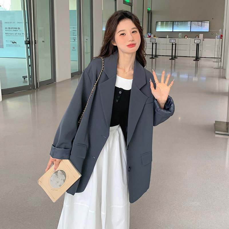韩版宽松灰色西装外套女春秋中长款通勤洋气高级感西服