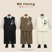 马甲套装 西装 中国风刺绣三件套儿童合唱演出服潮 新中式 男童春新款