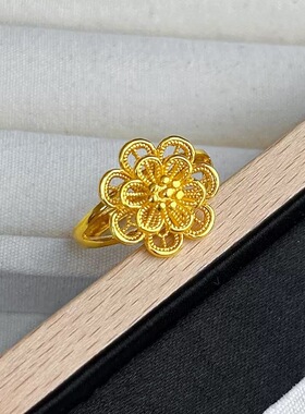 沙金戒指女士轻奢小众仿金色多层海棠花开口可调节女戒富贵花指环