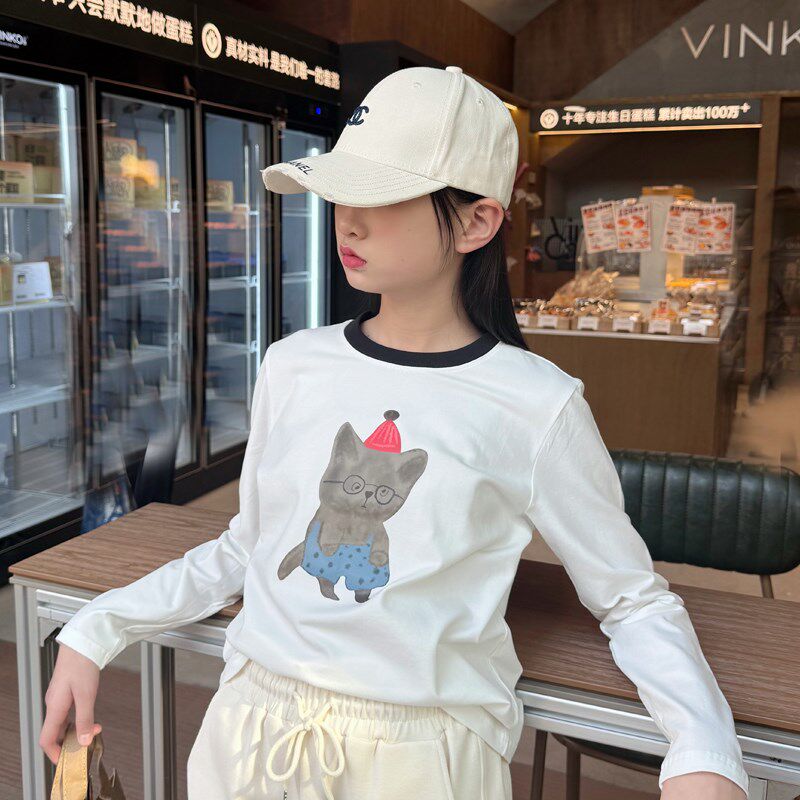 儿童白色打底衫纯棉长袖t恤女童2025春秋季圆领休闲卡通洋气上衣