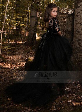 女童黑色晚礼服儿童模特T台走秀钢琴小提琴演出服主持人2018新款