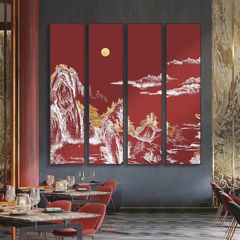 新中式酒店大堂装饰画别墅客厅竖版五联屏挂画禅意山水中国风壁画