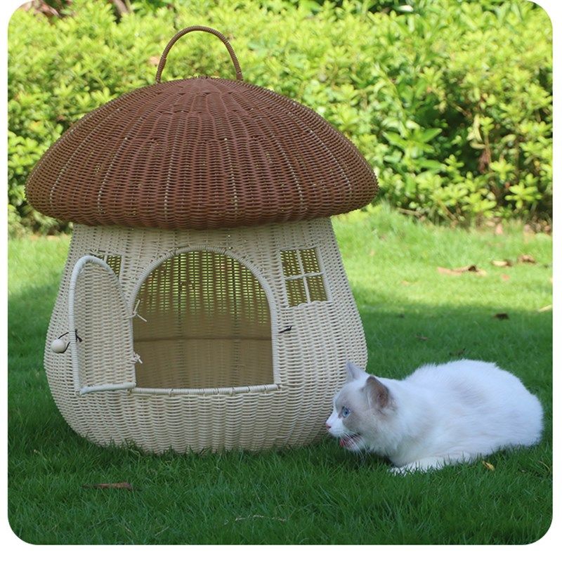 猫窝四季通用夏季宠物猫咪用品半封闭式猫屋猫房子藤编蘑菇屋幼猫