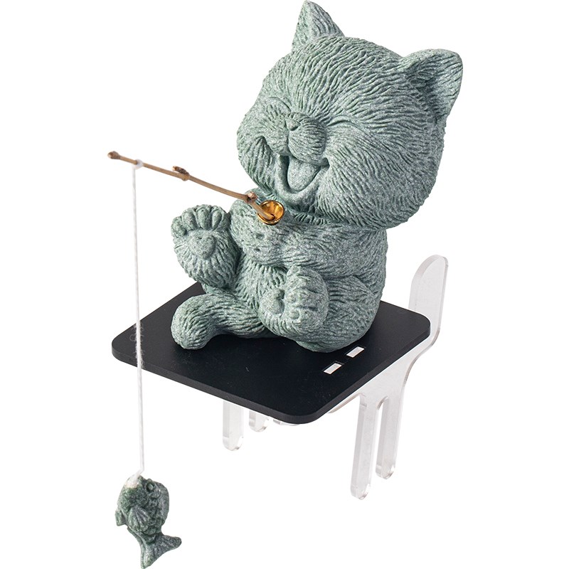 可爱治愈系小猫钓鱼茶宠摆件创意钓鱼台底座萌猫垂钓鱼缸造景装饰
