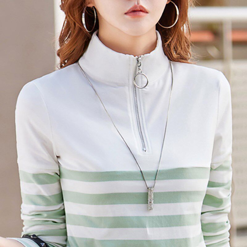 拉链半高领条纹纯棉长袖t恤女大码宽松遮肚老人t桖中老年妈妈上衣