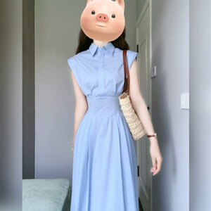 XZY/欣争艳 胖mm法式气质蓝色衬衫无袖连衣裙女夏高级感收腰长裙