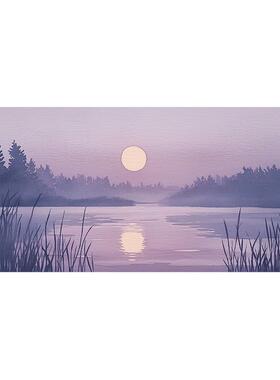 布纸有爱 紫霞黄昏 新中式夕阳风景装饰画小众客厅背景墙横版挂画