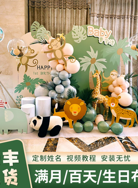 森系虎宝宝周岁百天生日满月宴装饰布置1一岁绿色kt板场景背景墙