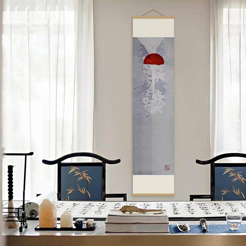 新中式卷轴挂画入户玄关竖版装饰画茶室书房水墨画日式荷花竹帘画