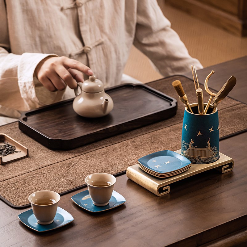 瑞鹤图高档杯垫中式全黄铜茶托茶道功夫茶杯托隔热垫创意茶具配件