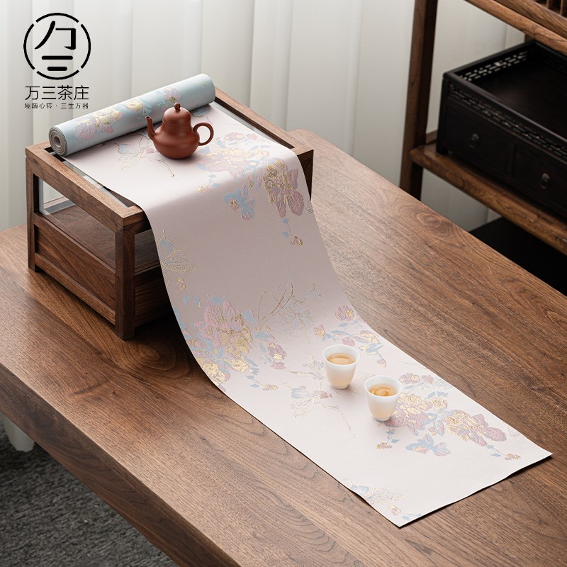 新款浮雕双面复古茶垫日式禅意长方防水桌旗中式茶台布艺织锦茶席