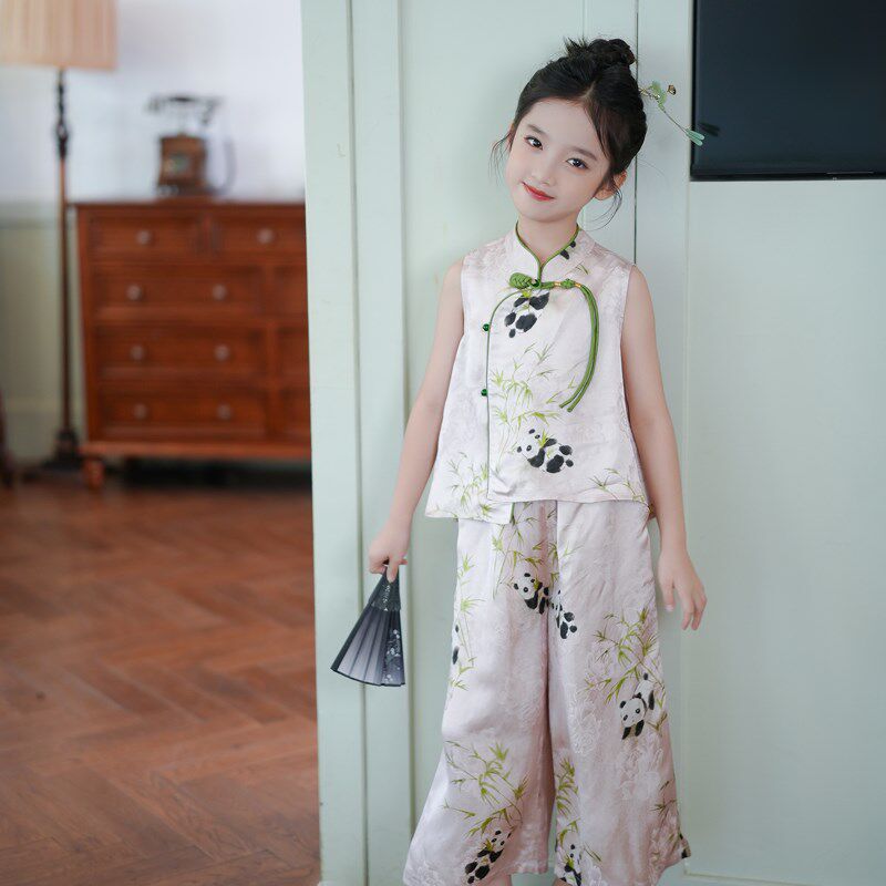 儿童夏季汉服套装新中式国风2024新款女童改良旗袍上衣裤子两件套