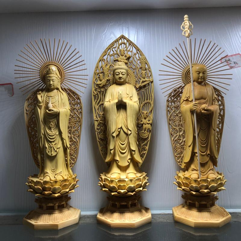 黄杨木雕婆娑世界婆娑三圣释迦摩尼大愿地藏王观世音菩萨供奉佛像