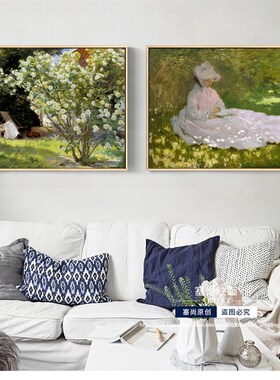 白玫瑰花丛绿色风景油画印象派复古艺术挂画莫奈客厅卧室装饰画