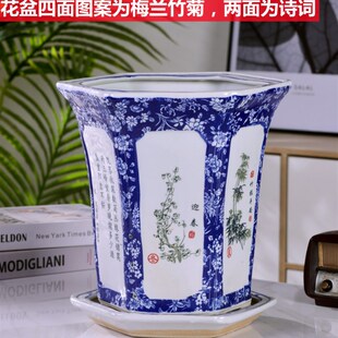 景德镇青花瓷花盆高筒落地多肉植物带托盘大口径栽树户外花钵高脚