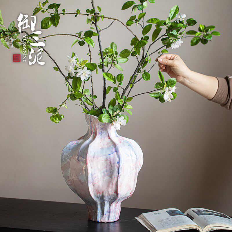 御三泥陶瓷轻奢高级感简约ns风插花客厅玄关装饰品养鲜花干花花瓶