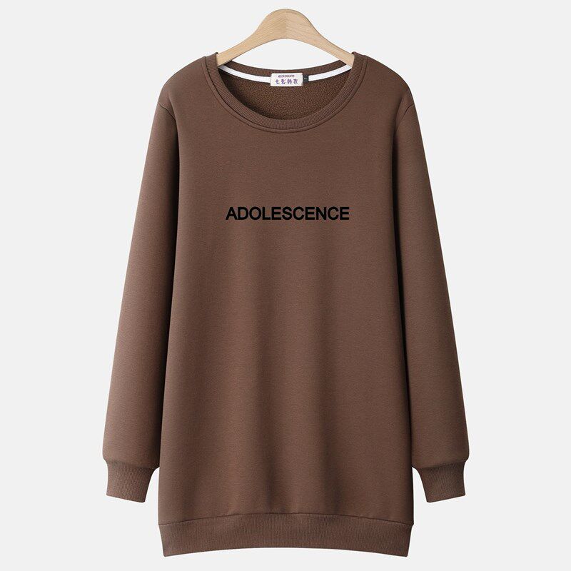 春秋中长款圆领卫衣女2024年新款薄款加厚大码上衣宽松套头外套潮