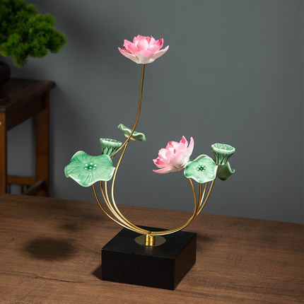 新中式荷花摆件陶瓷莲花家居装饰品客厅电视柜玄关酒柜乔迁礼品