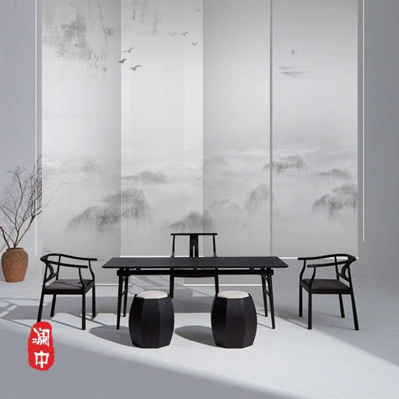 新中式电动禅意山水画卷帘窗帘遮光卷拉挂式玄关屏风隔断帘办公室