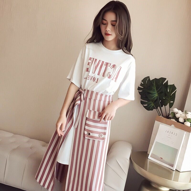 微胖mm大码连衣裙套装女夏季新款宽松藏肉遮肚显瘦休闲两件套裙子