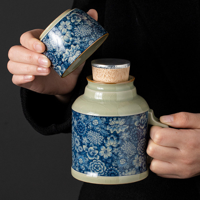 老陶泥青花暖壶泡茶杯陶瓷高档精致马克杯带盖仿保温瓶定制水杯子