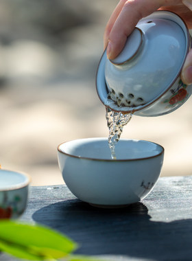汝窑便携式旅行茶具快客杯蝉翼开片可养户外旅游露营茶具铁胎汝瓷
