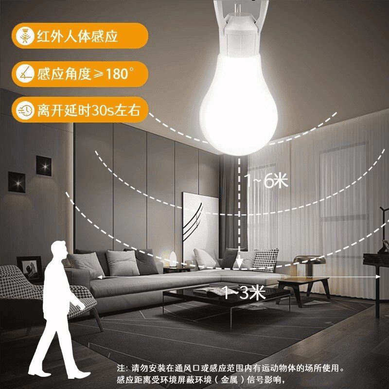 人体感应灯智能红外延时E27螺口灯头过道走廊自动感应led灯免布线
