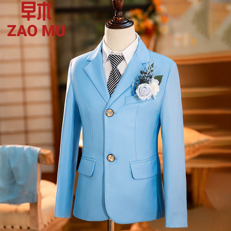 儿童西装套装男童花童礼服钢琴演出服主持人模特走秀洋气蓝粉红色