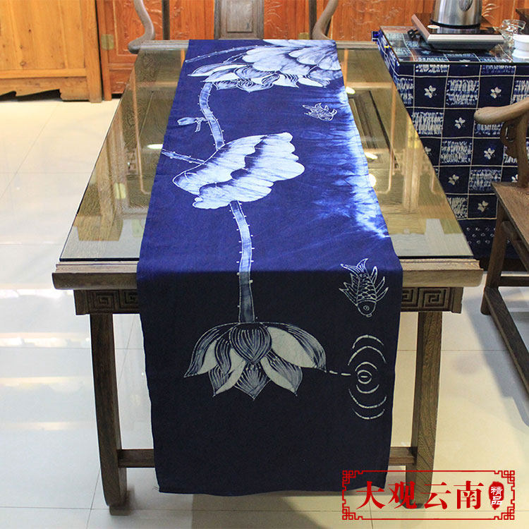 禅意蜡染画桌旗中式复古茶几旗长条形棉布桌子装饰荷花手工茶艺席