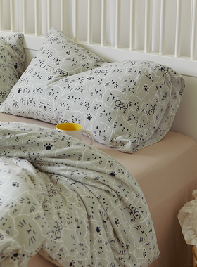 Moryio可爱卡通猫咪纯棉针织棉四件套天竺棉裸睡被套床单床上用品