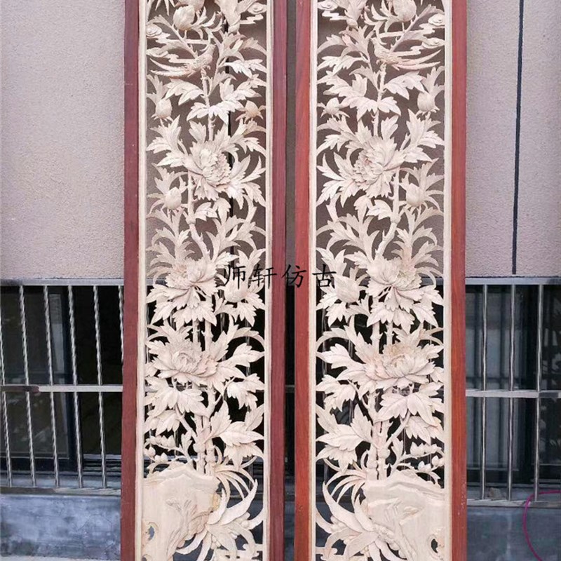 东阳木雕中式手工雕花板实木荷花鱼酒店电视背景墙屏风隔断定制