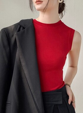 灰色背心打底衫女夏薄款圆领修身显瘦遮副乳西装内搭无袖T恤上衣