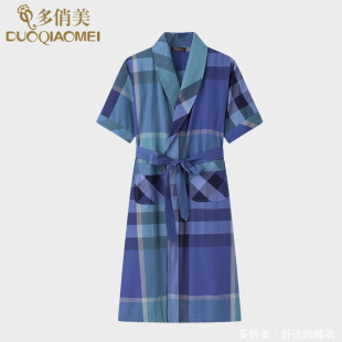 日式 薄款 纯棉短袖 浴袍夏天睡衣 和服男士 格子大码 中长款 睡袍男夏季