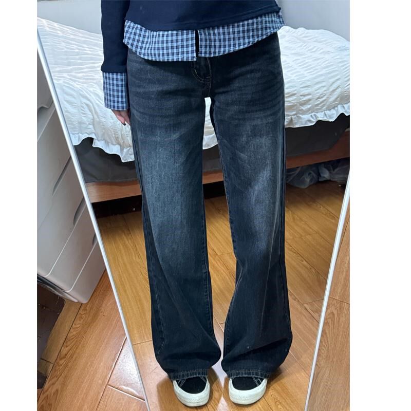 蓝灰色微喇直筒牛仔裤女春季新款胖mm梨形身材复宽松显瘦阔腿裤子