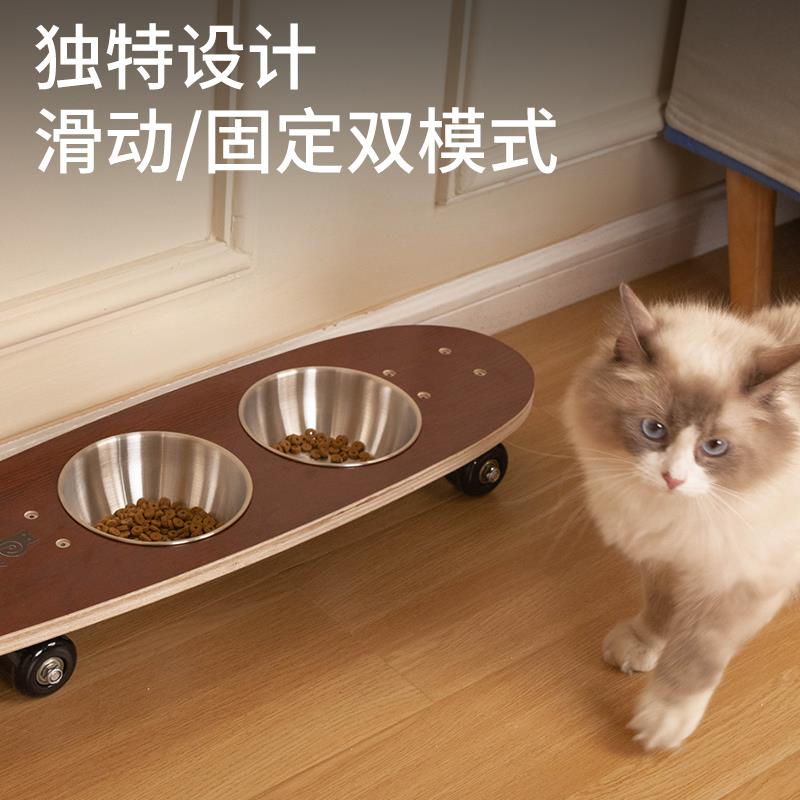 Copaw滑板双碗 实木碗架防打翻不锈钢猫食盆 喝水猫碗狗碗宠物碗