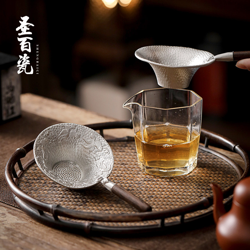 锡制手工黑檀木侧把茶漏泡茶过滤茶渣功夫茶具漏斗茶隔茶道零配件