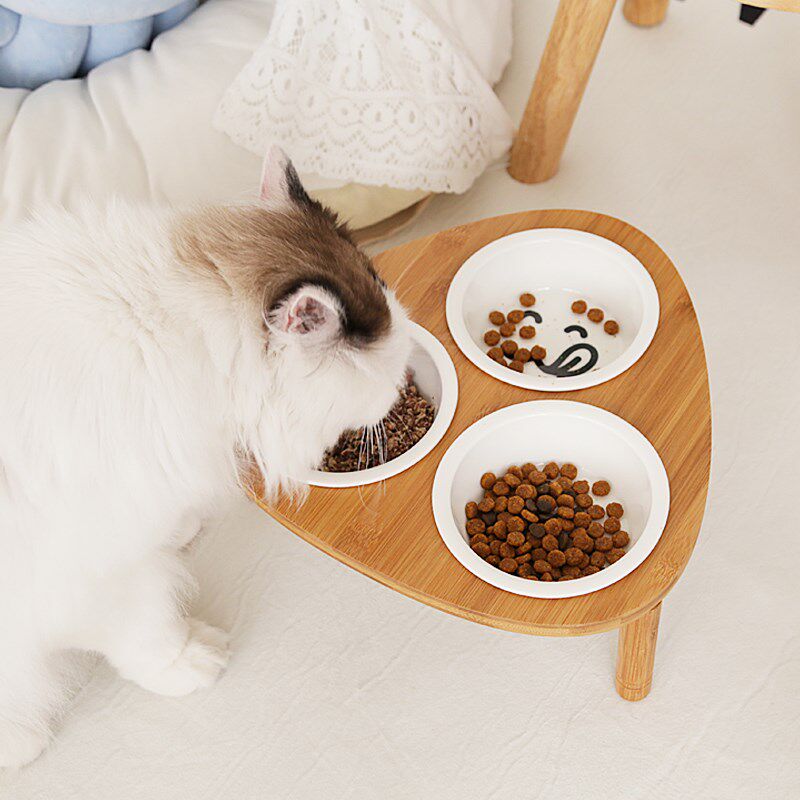肥喵日记竹板三角立架陶瓷三碗餐桌饭桌宠物猫咪狗狗碗架多用饭碗