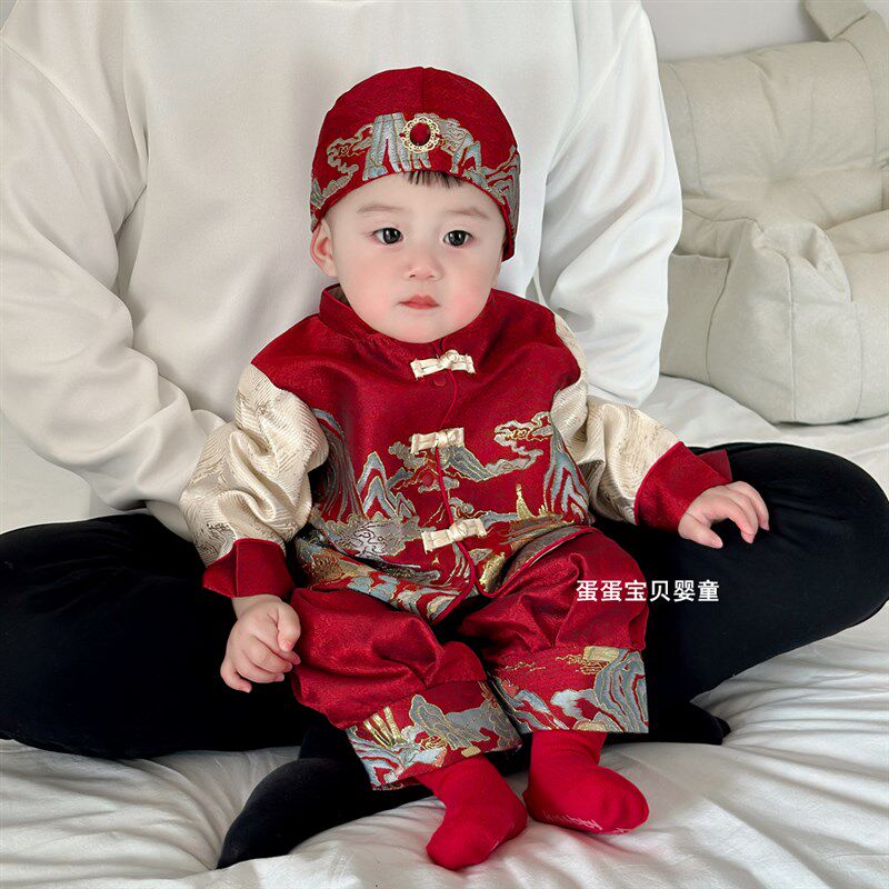 中国风男童宝宝衣服套装婴儿春装周岁礼服唐装幼儿抓周生日宴春季