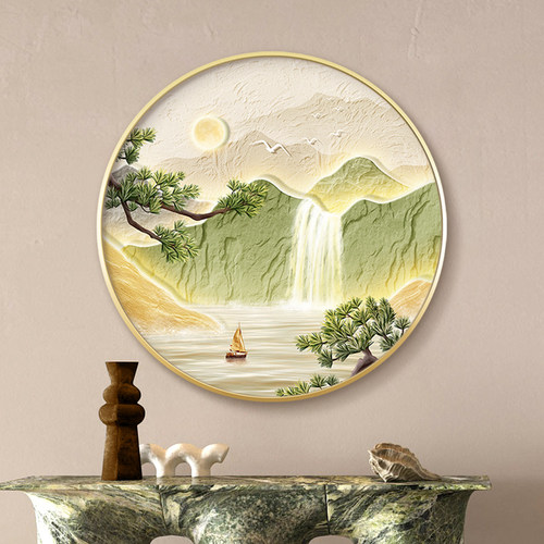 绿色奶油风流水生财玄关装饰画LED灯山水画客厅挂画圆形饭厅壁画