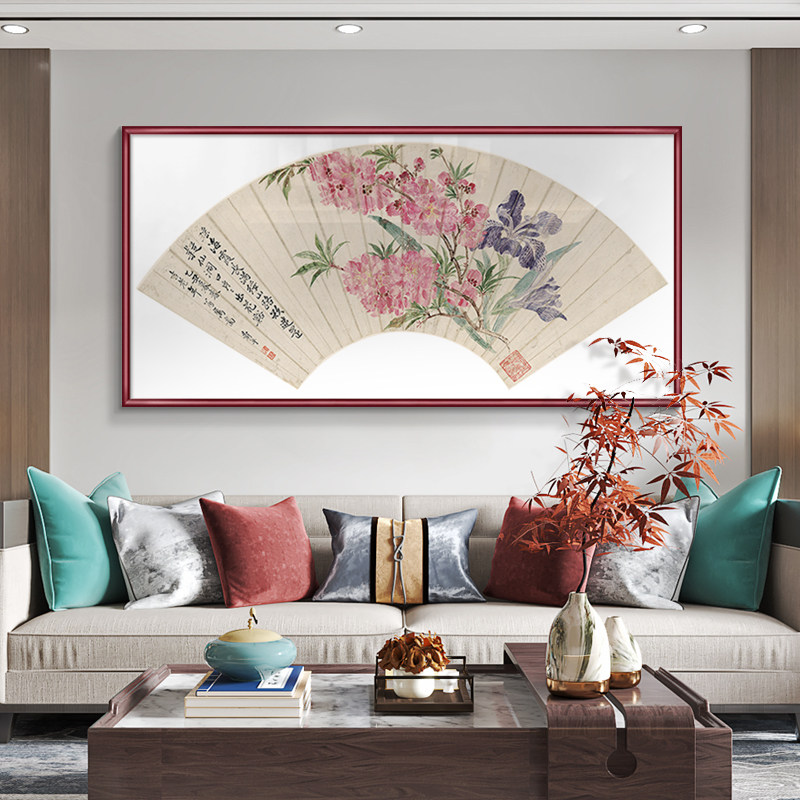 新中式客厅花鸟装饰画国画横幅沙发背景墙挂画扇形茶室民宿壁画