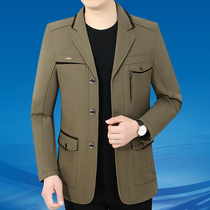 新款中年夹克男春秋款爸爸装休闲薄款纯棉外套中老年人爷爷西装领