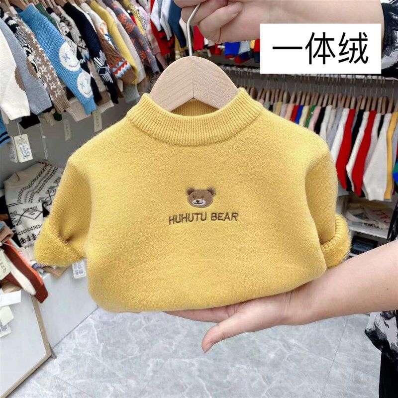 儿童一体绒保暖打底衫白色女童毛衣婴儿秋冬加绒童装男宝圆领新款