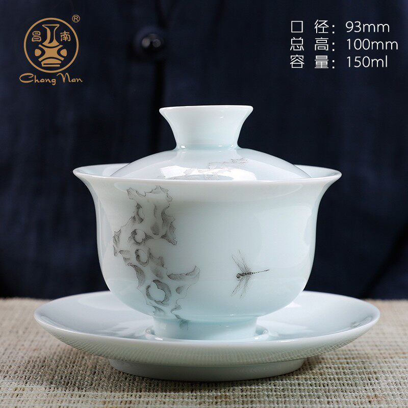 昌南陶瓷盖碗景德镇功夫茶具三才碗玉瓷敬茶碗大号粉彩泡茶壶茶杯