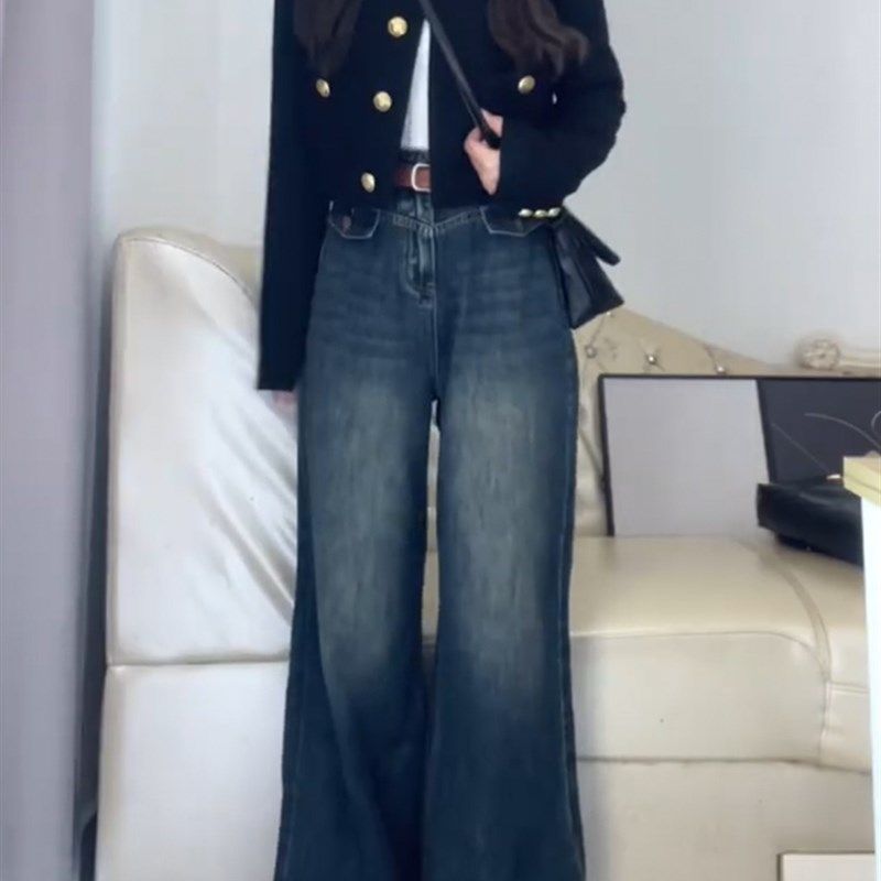复古蓝阔腿牛仔裤春款女胖mm大码梨形身材显瘦高腰设计感直筒裤子