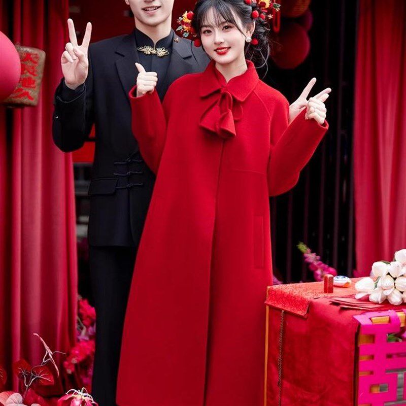 红色气质毛呢外套新娘礼服外搭小个子加棉加厚大衣女秋冬敬酒服