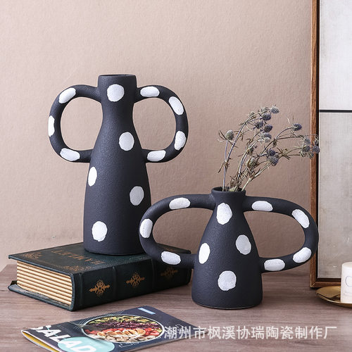 北欧简约黑白色陶瓷斑点花瓶摆件客厅插花酒店样板间边几软装饰品